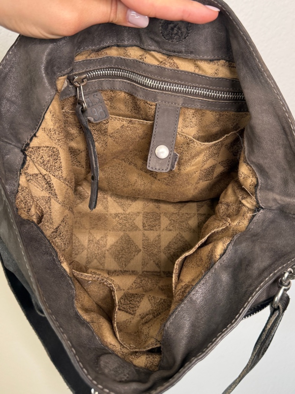 A.S.98 Studded Leather Bucket Bag Gray Brown Distressed Zipper Compartment - Picture 10 of 15